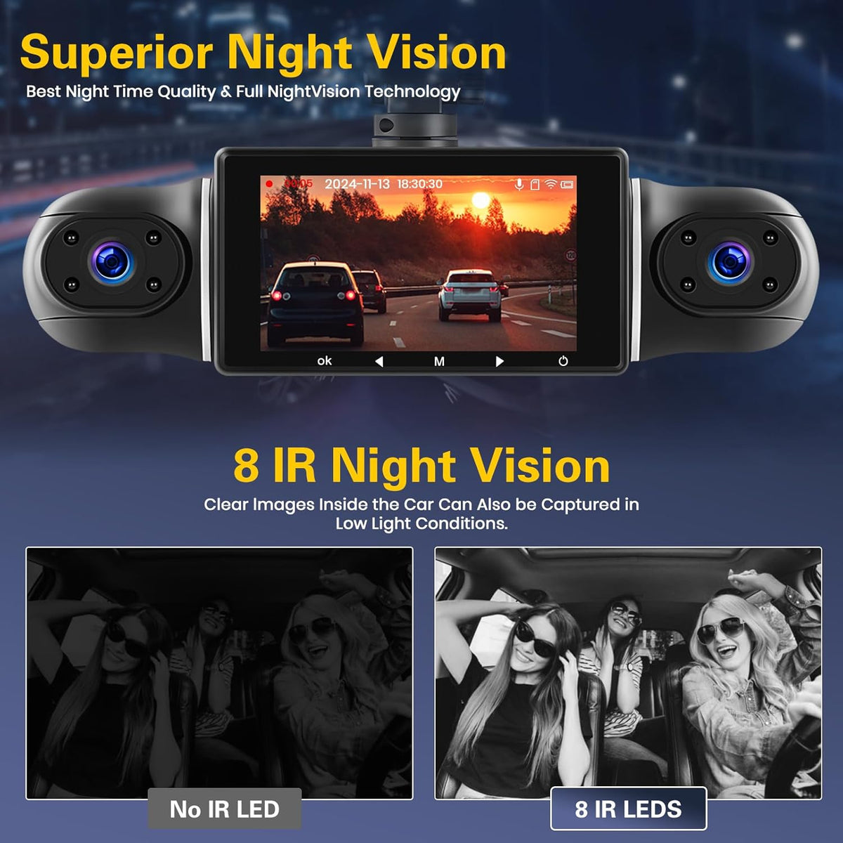 Dashcam – Autocamera – Rijcamera – Auto DVR – Autorecorder – 1080P 4-Kanaals 360° Groothoek – WiFi & App-Bediening Met 64 GB SD-Kaart