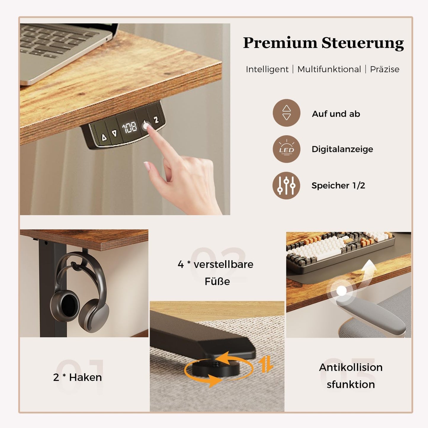 Klicelor Verstelbaar Bureau in Hoogte met Dubbele Lades, Elektrisch Verstelbaar Bureaux in Hoogte, Ergonomisch Sta bureau, 140x60, Bruin