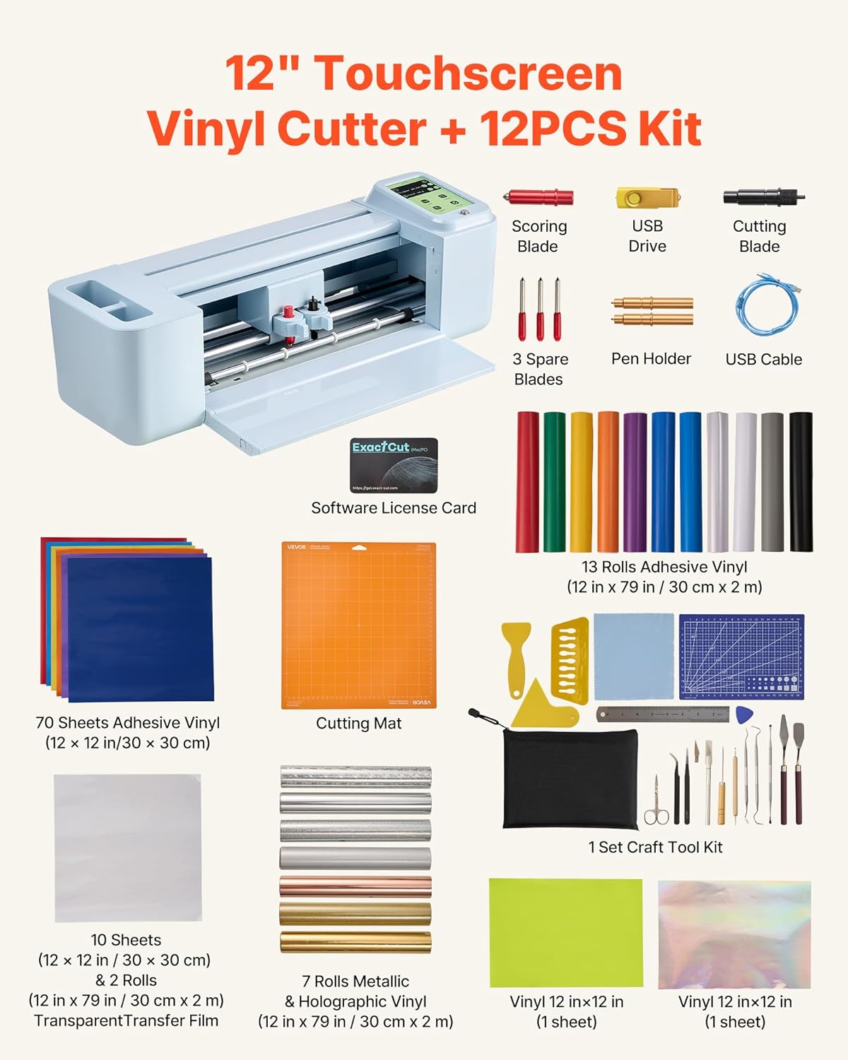 VEVOR Vinylsnijplotter, 305 mm, met gereedschapsset, materialen, touchscreen-bediening, multifunctionele snijmachine, compatibel met Android, iOS, Mac, Windows, voor knutselpapier