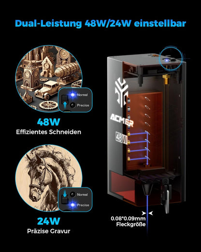 P1 S Pro lasergraveermachine met dubbel vermogen (48 W/24 W), lasersnijmachine met 25 l luchtpomp, graveerbereik 380 × 350 mm, graveerlaser voor hout, leer, metaal