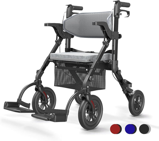 VOCIC 2 in 1 rolstoelrollator, opvouwbaar en lichtgewicht met zitje, rubberen buitenbanden voor elk terrein, lichtgewicht rollator, aluminium transportstoel, obsidiaanzwart (5 jaar garantie)