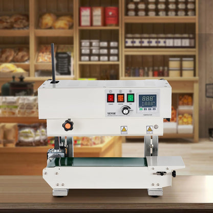 VEVOR Continuous bag sealing machine, sealing width 6-12mm, carbon steel vertical tape sealer with digital temperature control, for films plastic bags 0.02-0.8mm