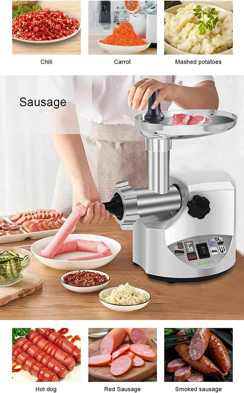 Elektrische Vleesmolen - 3000W - Voor Alle Soorten Vlees - Worstenmaker - Gehakt - Zilver - QUORE
