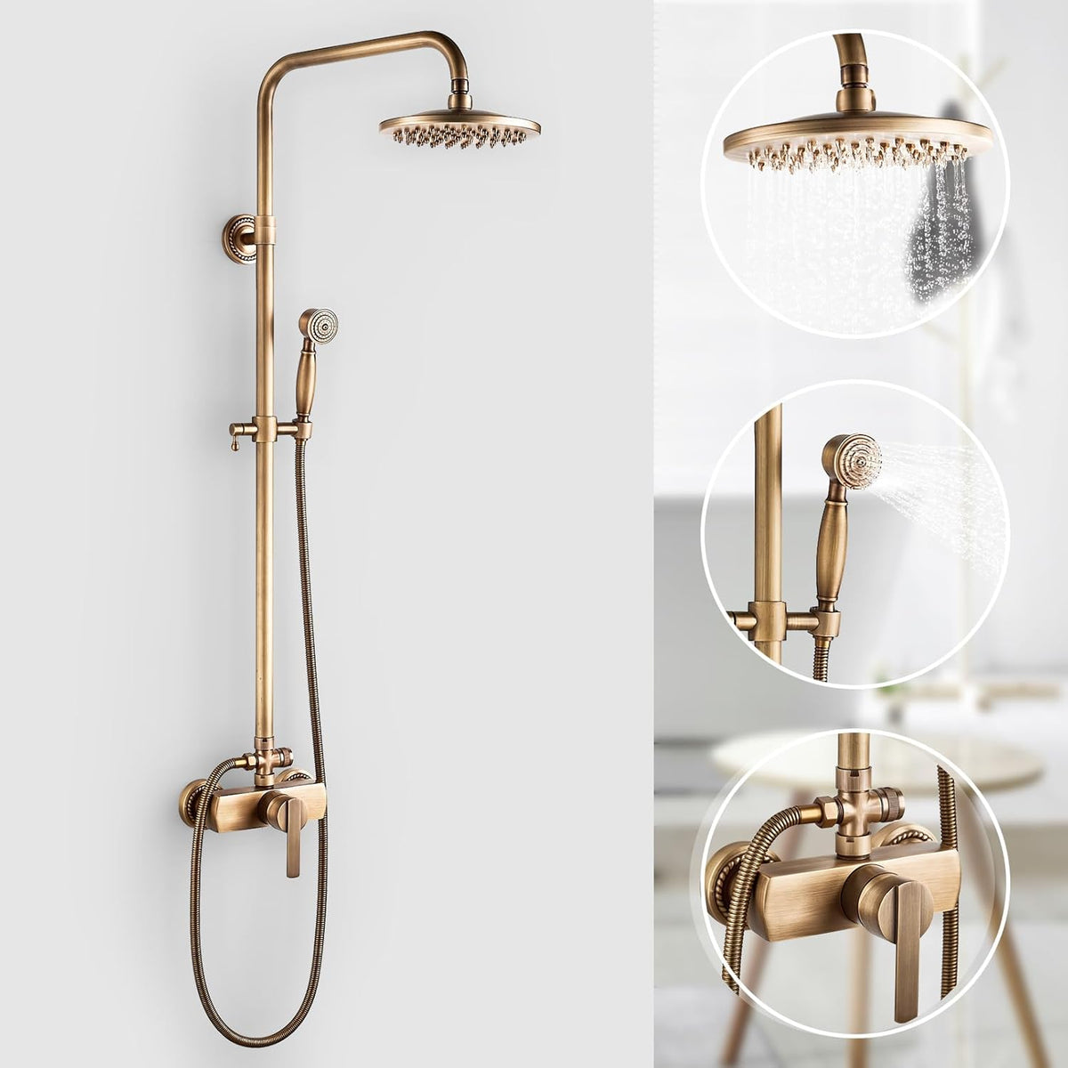 Douchesysteem Antiek messing douchekraan set goud retro doucheset met kraan, vintage douchearmatuur, complete set met 8 inch regendouche, handdouchekop, in hoogte verstelbaar 70 ~ 120 cm