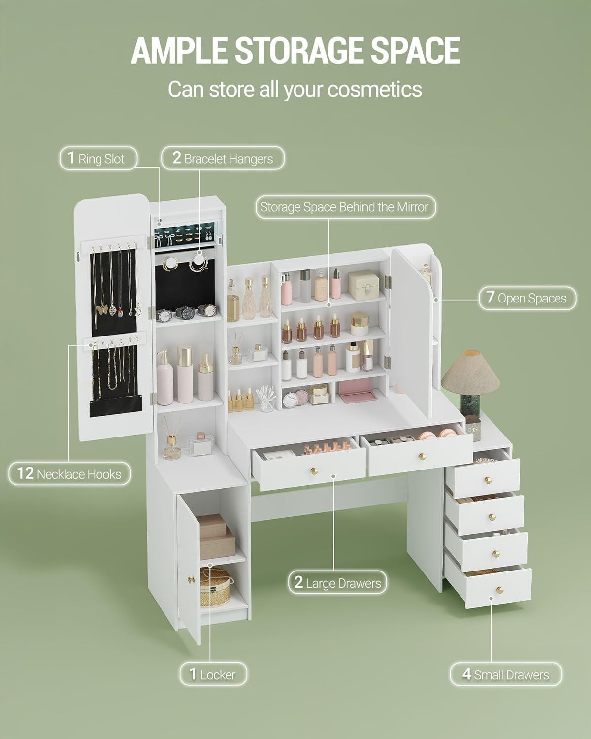 Hzuaneri Large Dressing Table with Lighting, Dressing Table with Makeup Mirror and Jewellery Cabinet, with 8 Open Spaces, 6 Drawers, 1 Storage Cabinet White DT41803XEU
