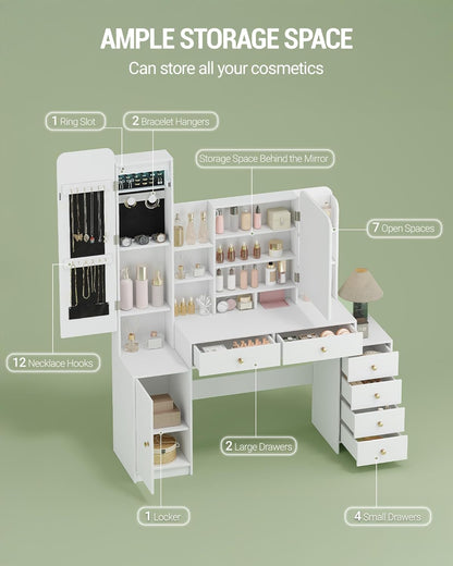 Hzuaneri Large Dressing Table with Lighting, Dressing Table with Makeup Mirror and Jewellery Cabinet, with 8 Open Spaces, 6 Drawers, 1 Storage Cabinet White DT41803XEU