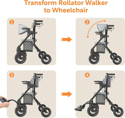 VOCIC 2 in 1 rolstoelrollator, opvouwbaar en lichtgewicht met zitje, rubberen buitenbanden voor elk terrein, lichtgewicht rollator, aluminium transportstoel, obsidiaanzwart (5 jaar garantie)