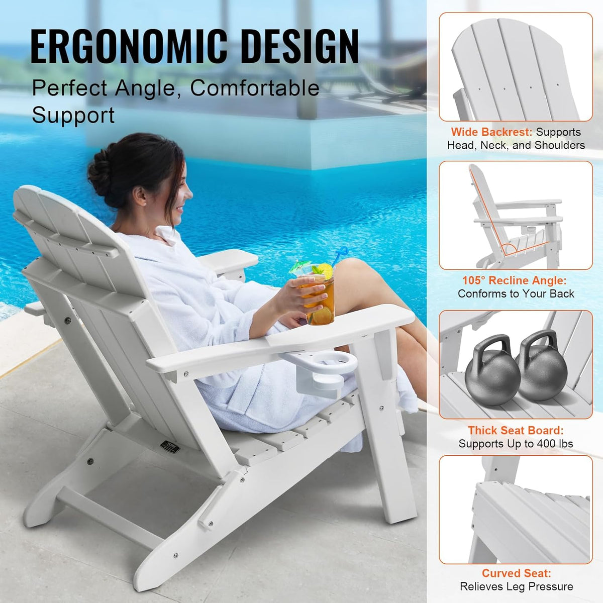VEVOR Adirondack Stoel van kunststof, set van 2 draagbare opvouwbare vuurkorfstoel, outdoor Adirondack terrasstoel met bekerhouder, met ontspannende armleuning, ergonomisch, voor tuin, achtertuin -