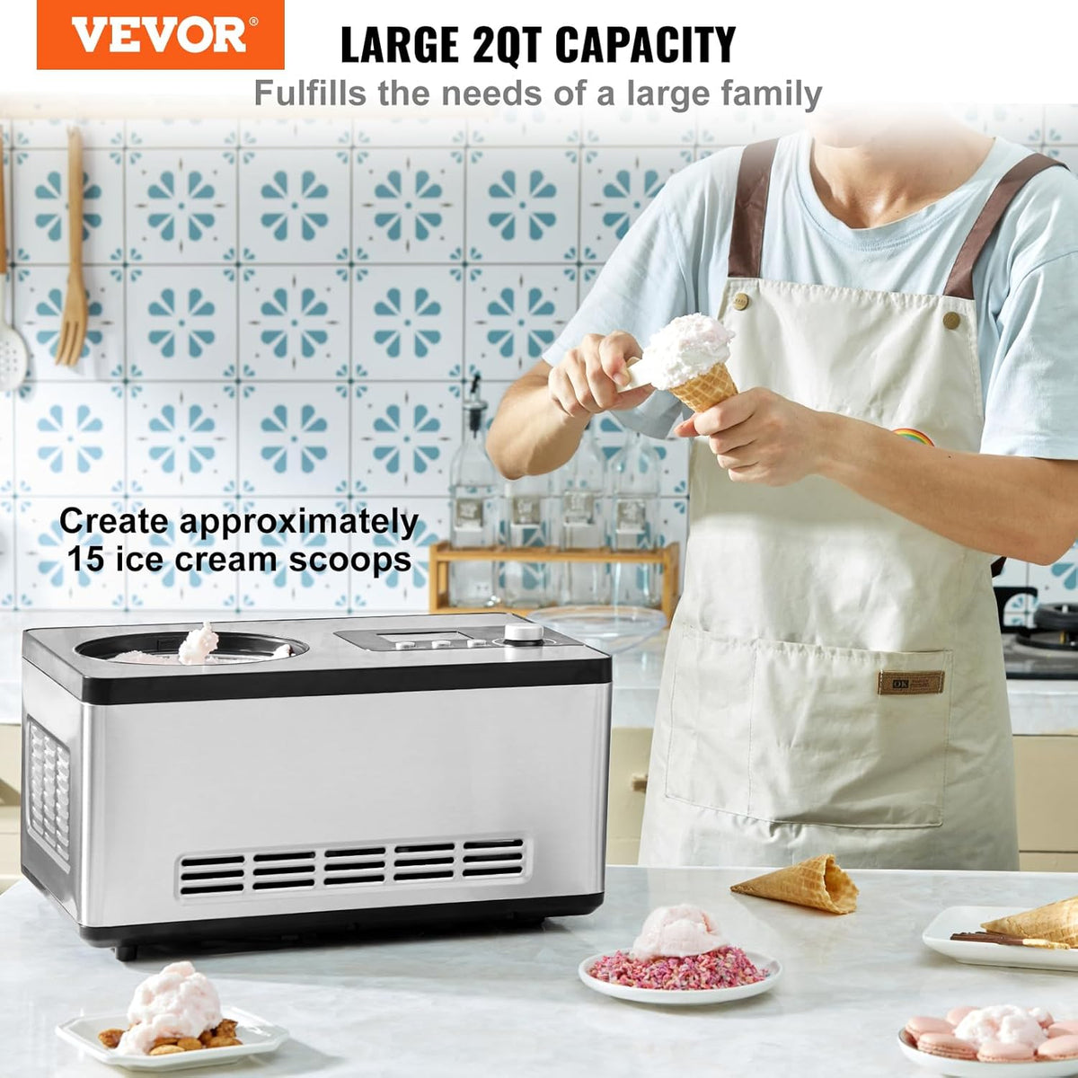 VEVOR Elektrische ijsmachine voor thuis, inhoud 2 l, ca. 180 W, elektrische ijsmachine met lcd-display, snelle bereiding zonder voorvriezen voor ijs, Sorbetti Frozen Yoghurt