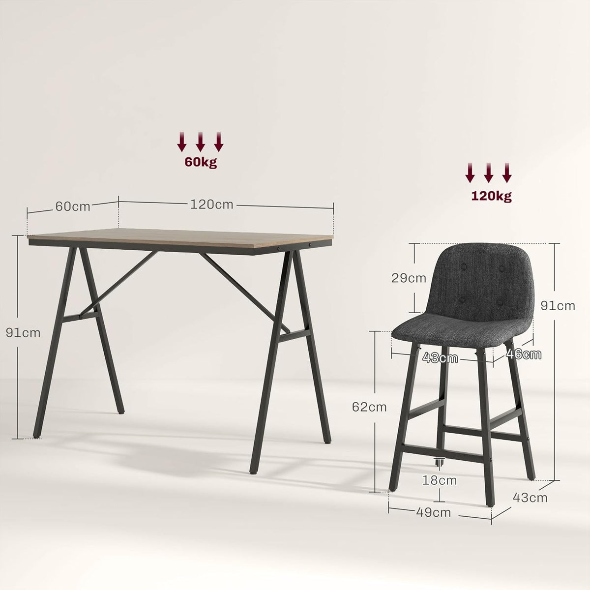 HOMCOM Bar Table with Bar Stool Set, 5-Piece Dining Group, Kitchen Table, Bistro Table with 4 Chairs, Bar Table Set for Kitchen, Living Room, Steel, Dark Grey, 120 x 60 x 91 cm - QUORE