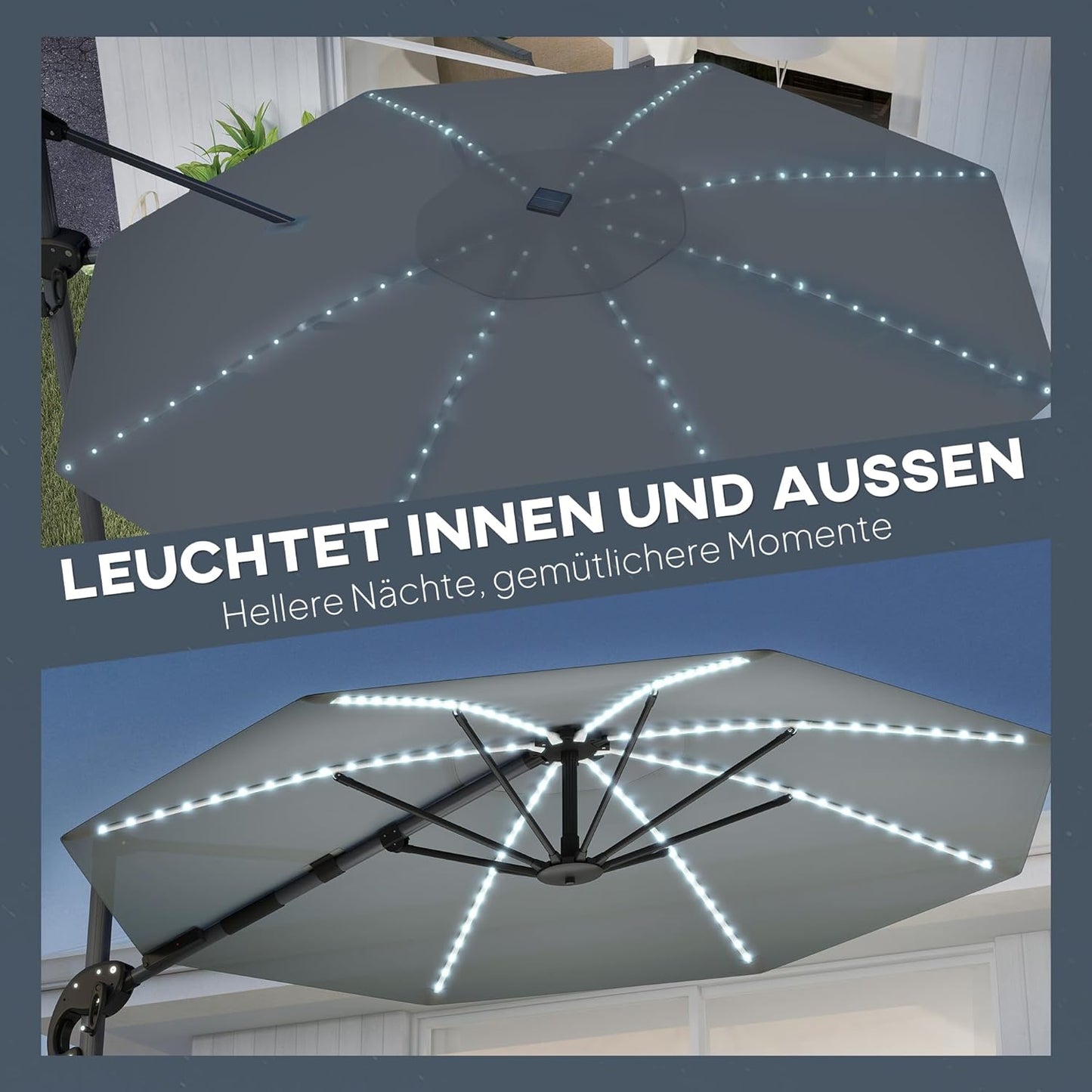 Outsunny Alu Ampelschirm LED Solar Ø300cm höhenverstellbar Sonnenschirm mit Kurbel Ständer UV50+ Wasserabweisend 360° drehbar Marktschirm neigbar Gartenschirm Sonnenschutz für Garten Balcony - QUORE
