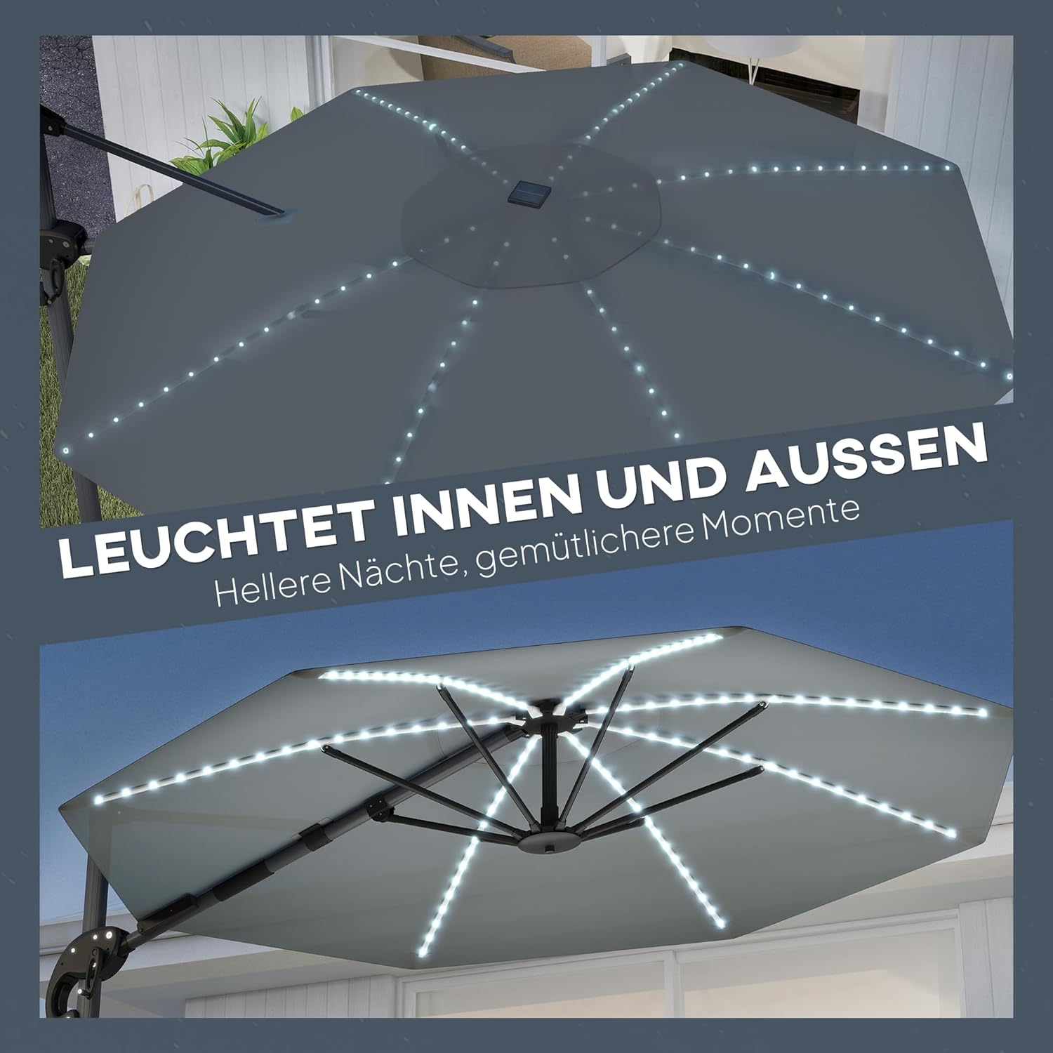Outsunny Alu Ampelschirm LED Solar Ø300cm höhenverstellbar Sonnenschirm mit Kurbel Ständer UV50+ Wasserabweisend 360° drehbar Marktschirm neigbar Gartenschirm Sonnenschutz für Garten Balcony - QUORE