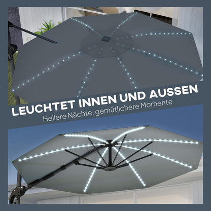 Outsunny Alu Ampelschirm LED Solar Ø300cm höhenverstellbar Sonnenschirm mit Kurbel Ständer UV50+ Wasserabweisend 360° drehbar Marktschirm neigbar Gartenschirm Sonnenschutz für Garten Balcony - QUORE