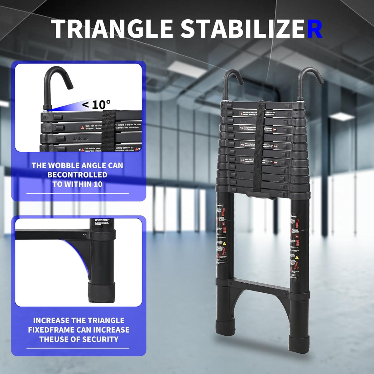 JADDUO Telescopische ladder, 5,0 m, aluminium vouw, 150 kg draagvermogen, trapafstand 30 cm, zwart