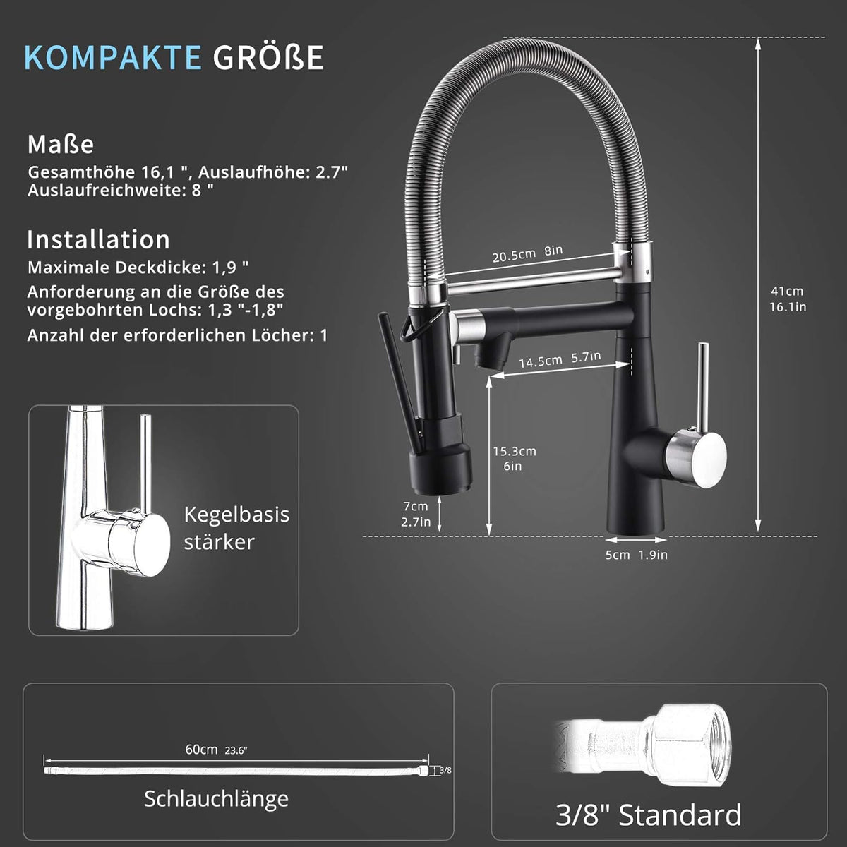 TIMACO Keukenkraan met slot, uittrekbare sproeikop - 360° draaibaar - eenhendel mengkraan & pull-down-spray - hoog druppelgepolijst nikkel en zwart