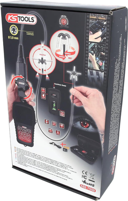 KS Tools 550.7550 HD-videoscoopset met Ø 3,9 mm 180° en 0° HD frontcamera-sonde, flexibele pvc-hoes, 3-delig