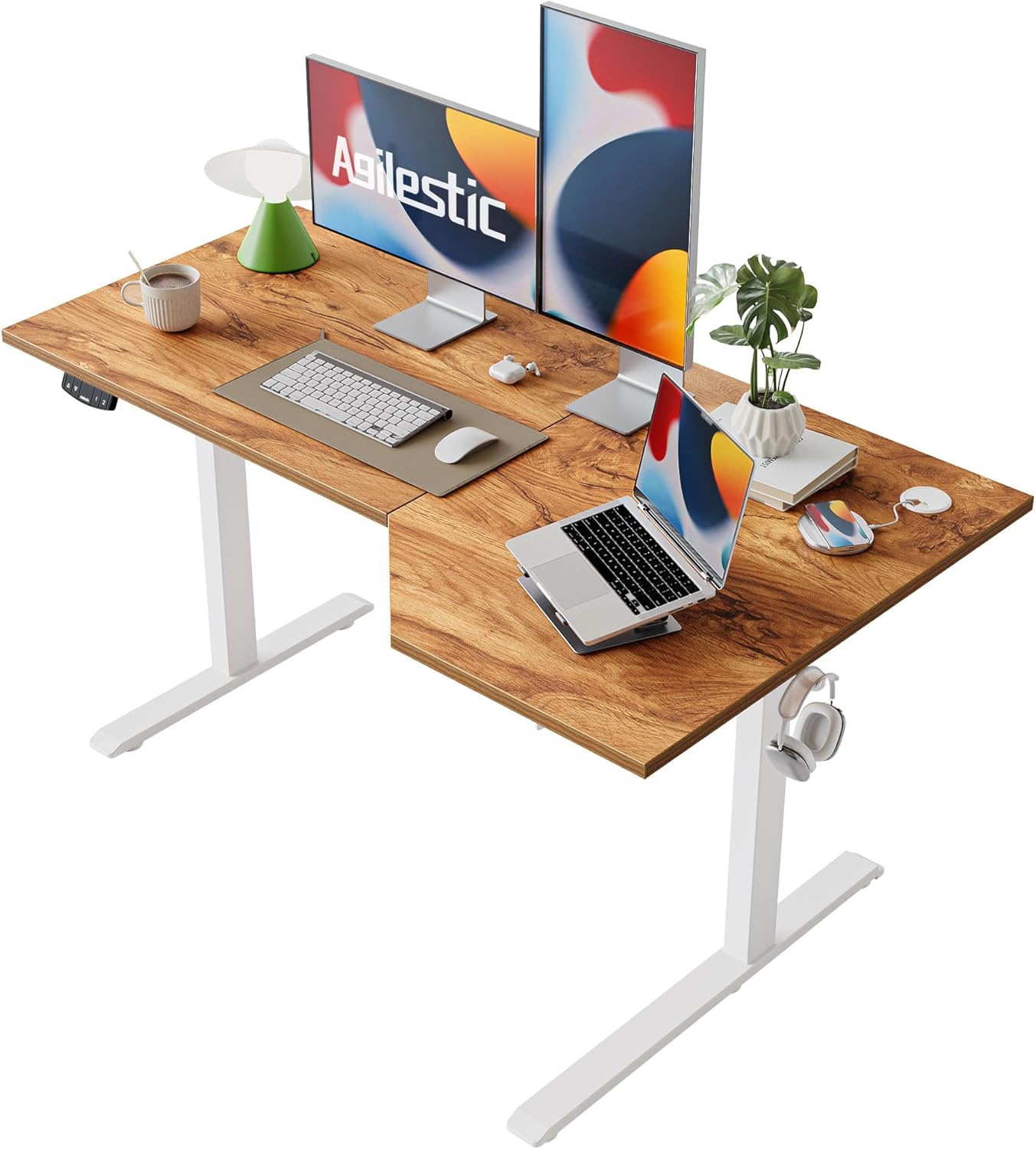 Agilestic Elektrisch sta-bureau 150 cm in L-vorm, in hoogte verstelbaar om thuis staand of zittend te werken, ergonomisch computerbureau, lichtbruin