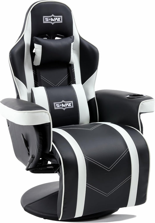 S*MAX Gamingstoel met voetensteun, in hoogte verstelbaar, gamingstoel, hoge rugleuning, verstelbare rugleuning, bekerhouder, zijzak, gamerstoelen voor volwassenen, zwart, wit, X large