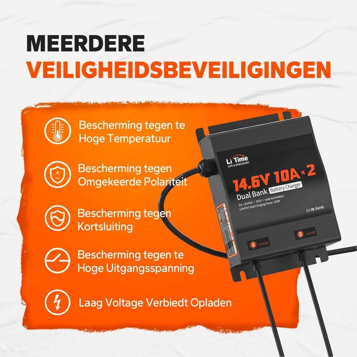 LiFePO4 Acculader – Batterijlader – Oplader – Lithium Acculader – 12V Accu Oplader – 2 Kanalen – IP67 Waterdicht – Anderson Aansluiting – LED-Display
