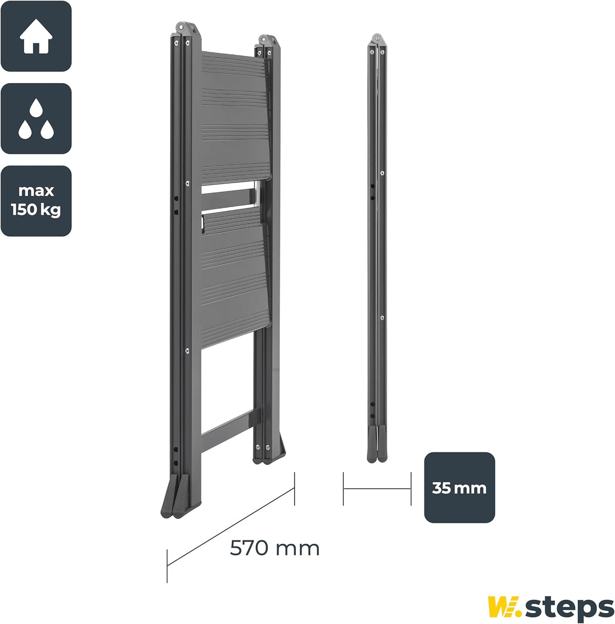 W.Steps 728502 Vikingstep Midi Zwarte aluminium trapladder, 480 mm hoog, belastbaar tot 150 kg, compacte aluminium vouwladder met 2 treden, slechts 35 mm breed