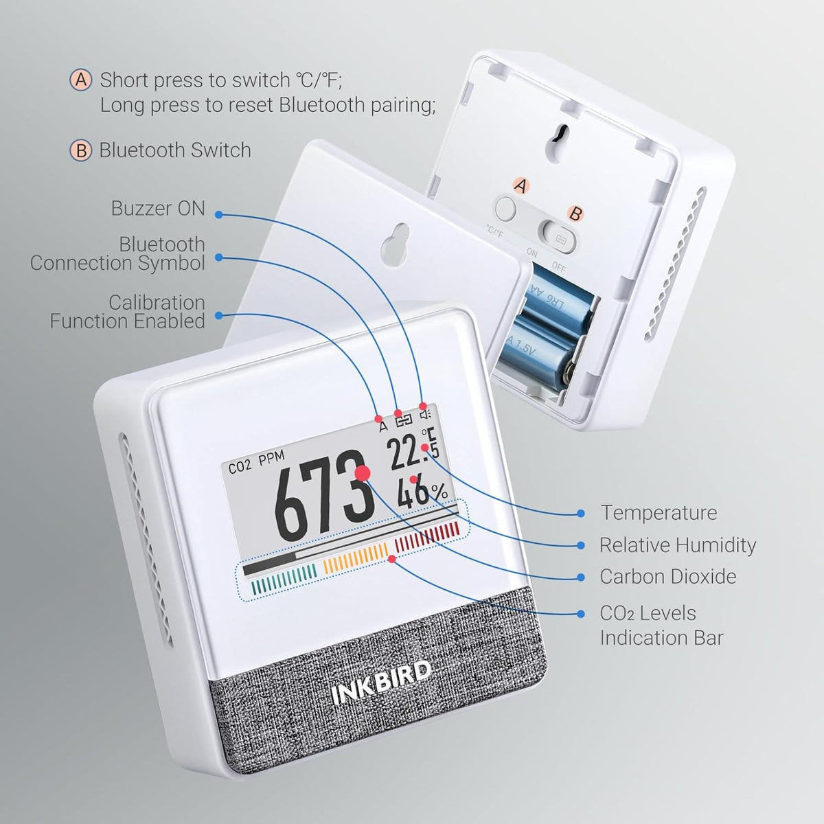 Inkbird Bluetooth CO2 Meter, IAM-T1 Luchtkwaliteitsmeter Thermometer Hygrometer Luchtdruk met Elektronisch Inktscherm, App Monitor, 18 Maanden Batterijduur, voor Thuis, Op Kantoor