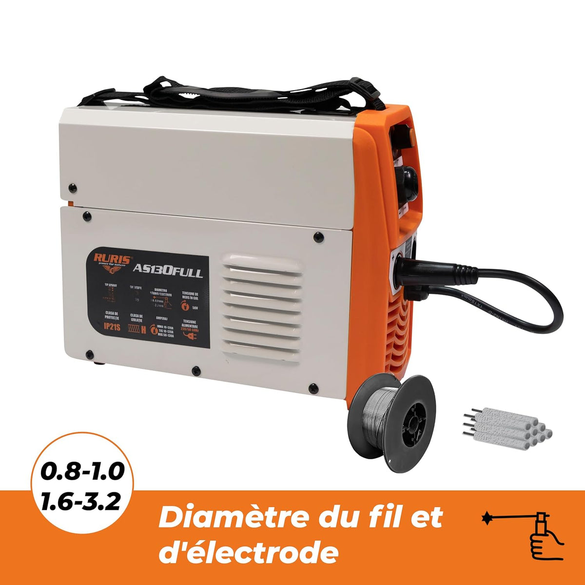 RURIS AS130FULL Welding Machine MMA/MIG/TIG + Accessoires: masker, hammer/borstel, elektroden, magneet, gloves, Solar Welding Helmet, Apron, 0,8 mm Welding Wire.