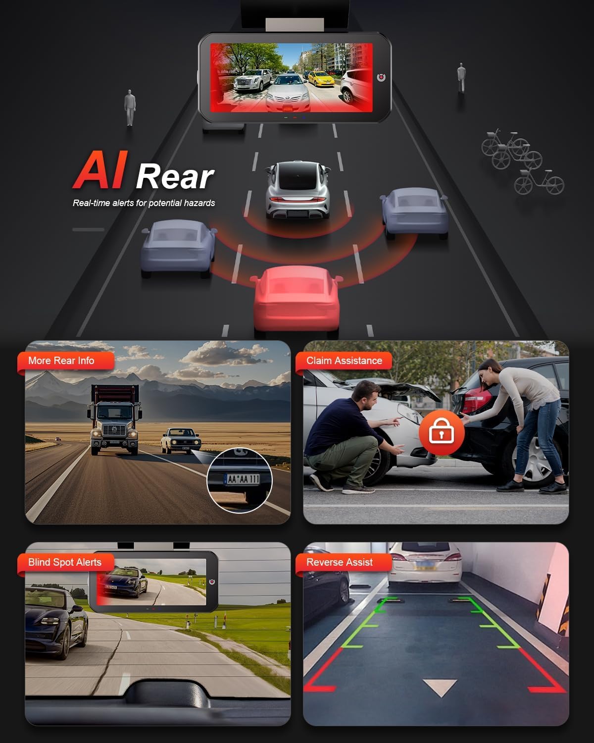 AKEEYO-EYES 2K 5 GHz WiFi dashcam voor en achter, 4 inch IPS touchscreen, dashcamera voor auto, 3 kanalen dashcam, GPS, ADAS & BSD, nachtzicht, WDR, spraakbediening, app, G-sensor, 24H parkeermodus +