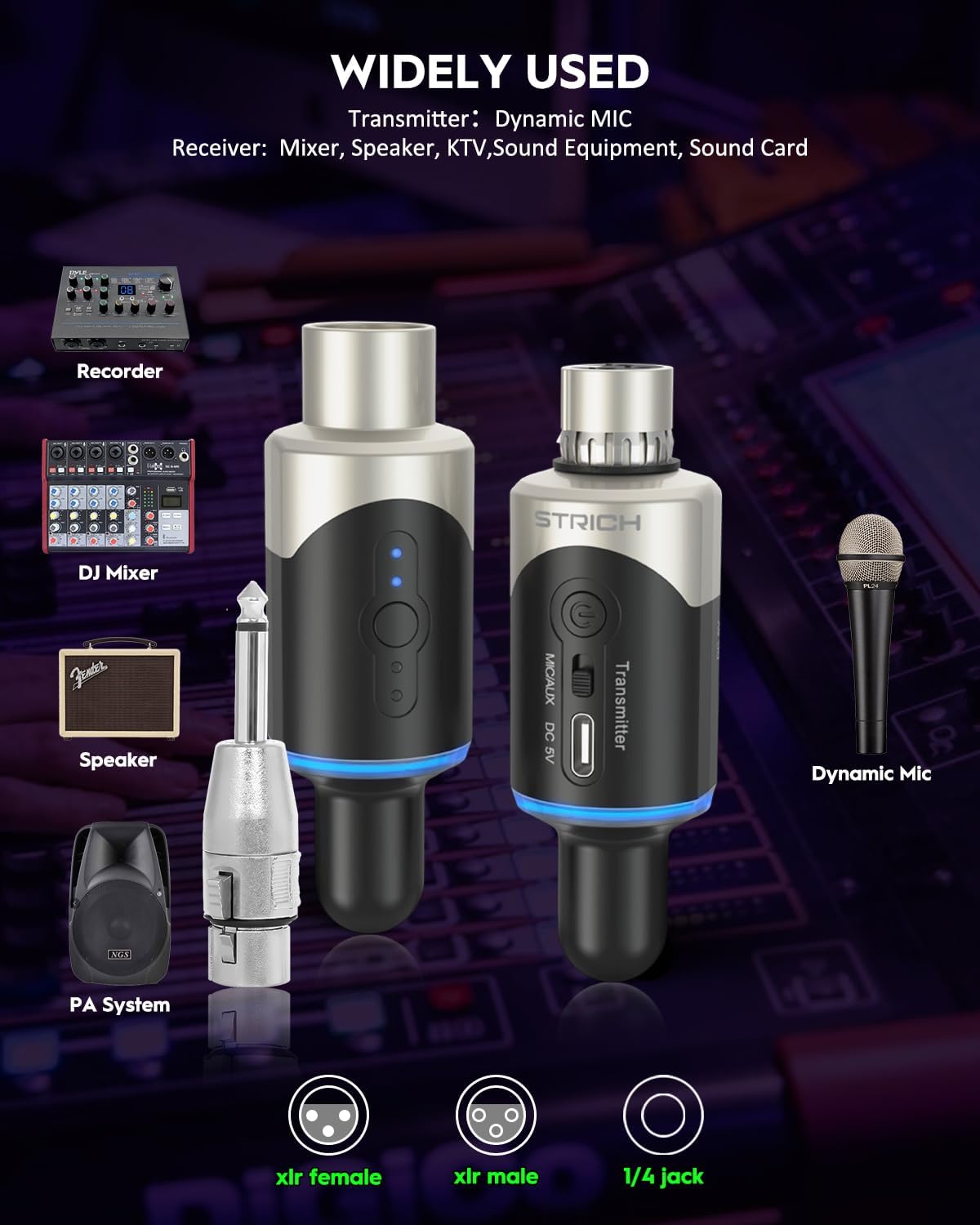 STRICH M5 UHF Draadloos XLR-microfoonsysteem, 4-kanaals zender en ontvanger voor dynamische microfoon, 61 m bereik, < 1 ms latentie, compatibel met audiomixer/PA-luidsprekers