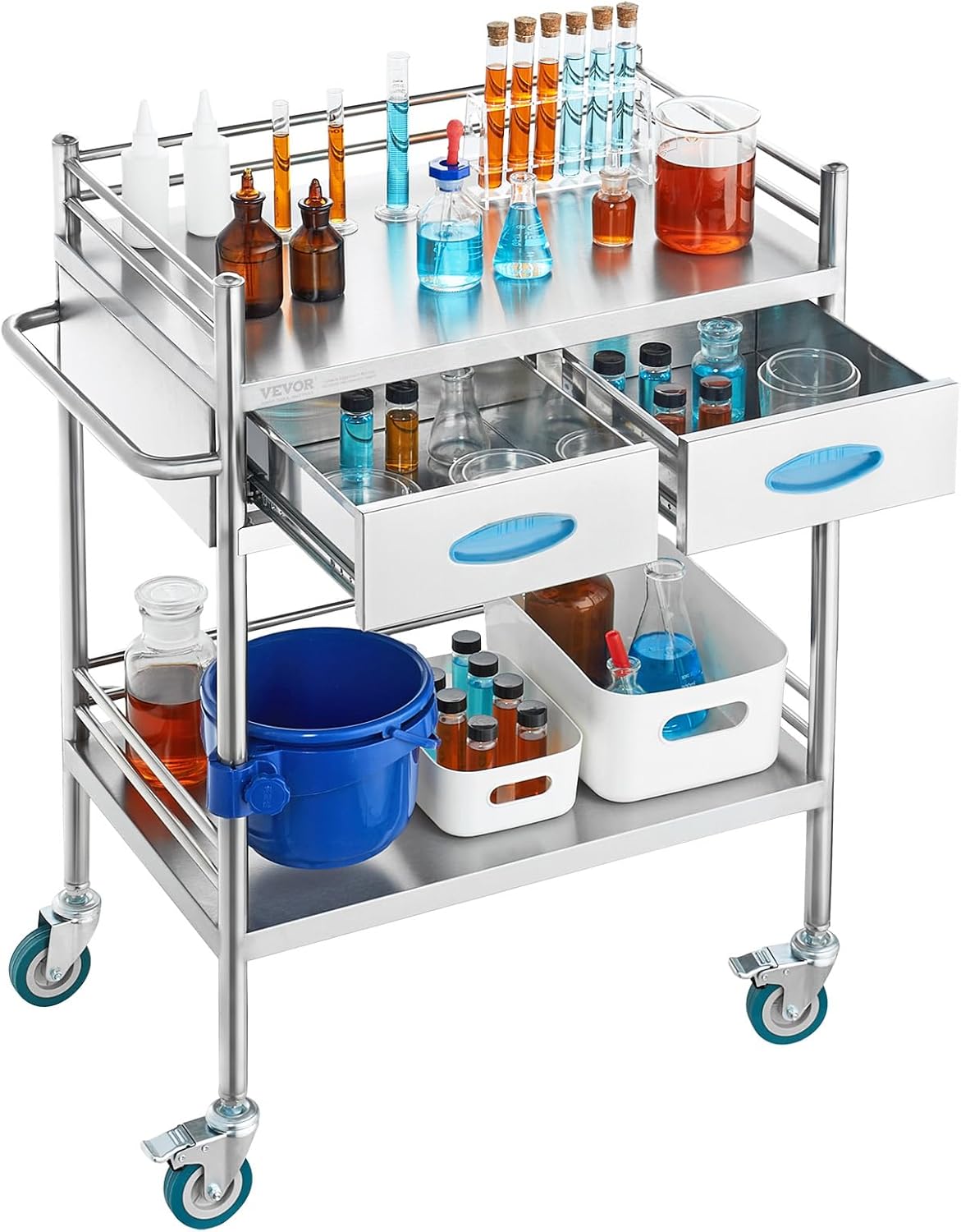 VEVOR Medische trolley met 2 lagen en 2 laden, 59,9 x 42,9 x 85,1 cm, laboratoriumwagen van roestvrij staal, metalen wagen met 4 omnidirectionele wielen voor klinieken, spa en hotels