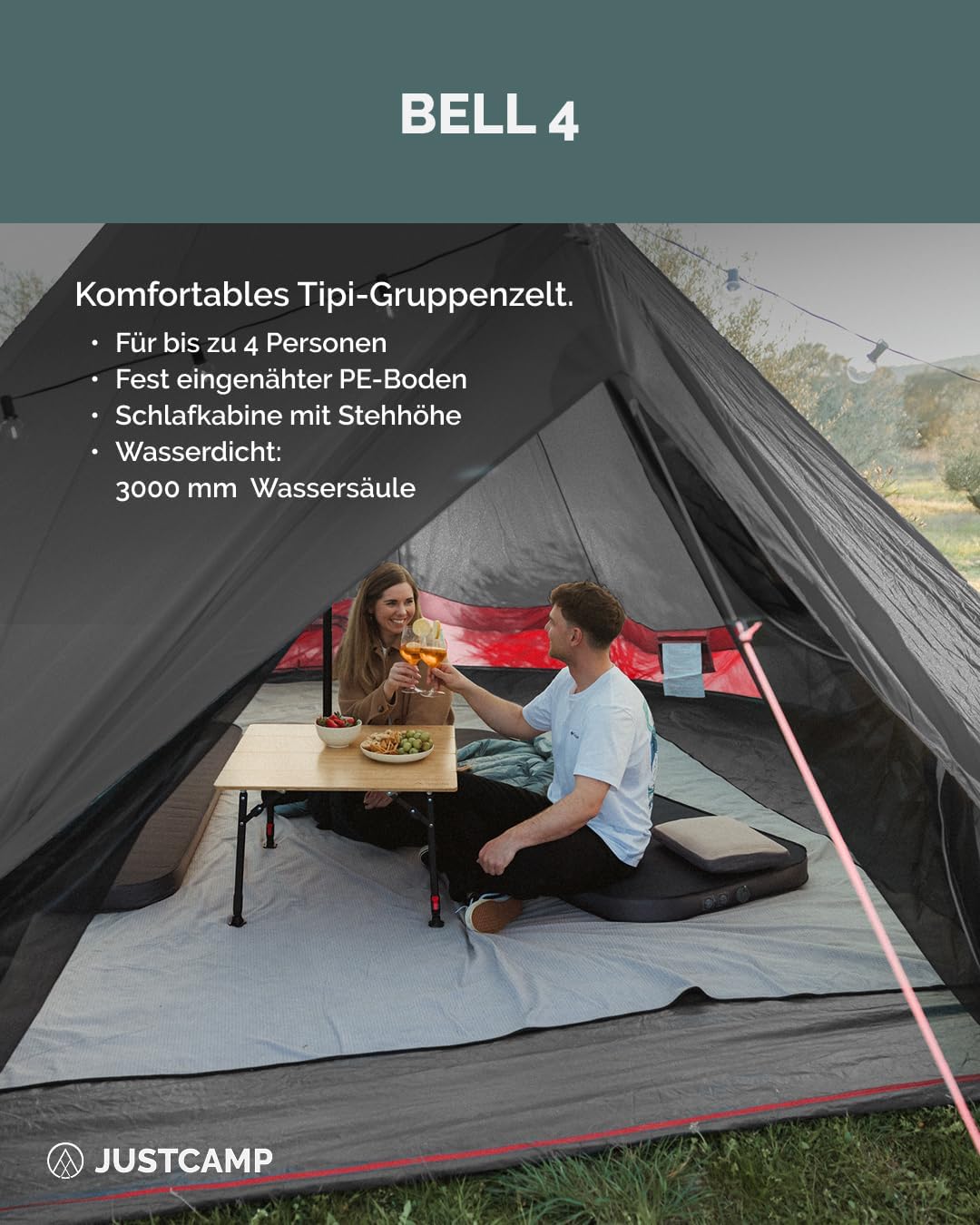 Justcamp Bell Tipi Tent Camping voor groepen, families, Pyramid tent kamperen (6, 8, 10, 12 personen)