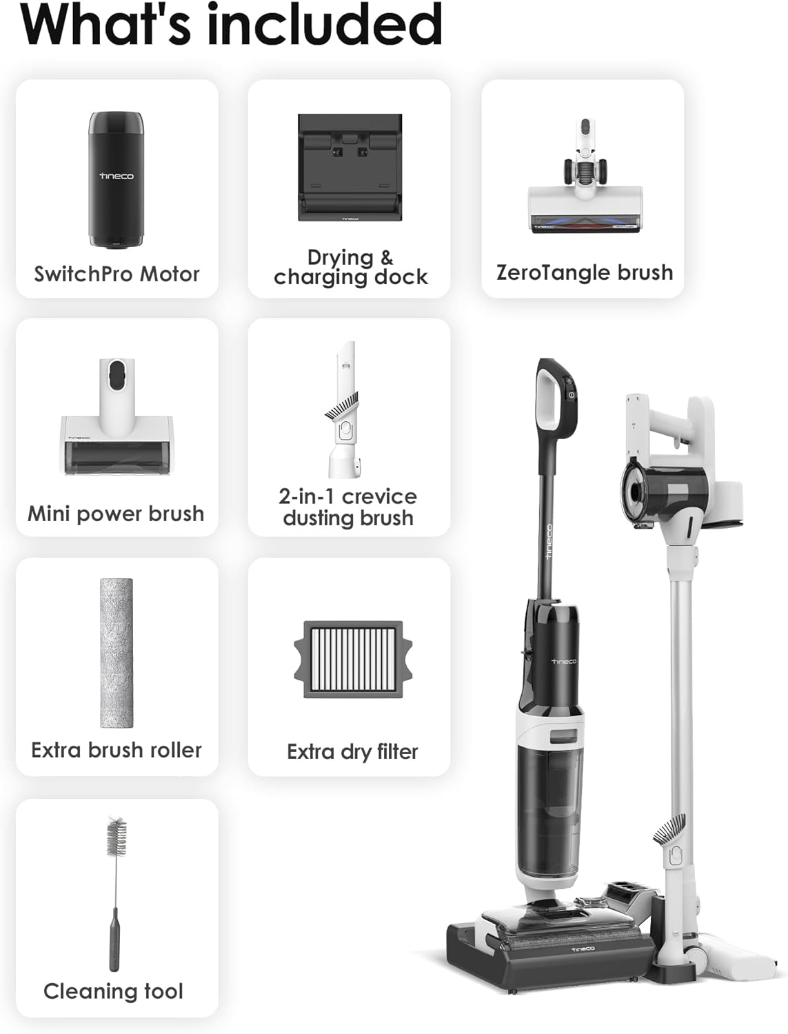 Tineco Floor ONE Switch S6 Stretch Nat- en Droogzuiger, 180° Lay-Flat, Anti-Klit, 85℃ Snel Drogen, 65 min Stofzuigen 21 kPa, 40 min Nat Zuigen, Randreiniging voor het Hele Huis & Onder Meubels