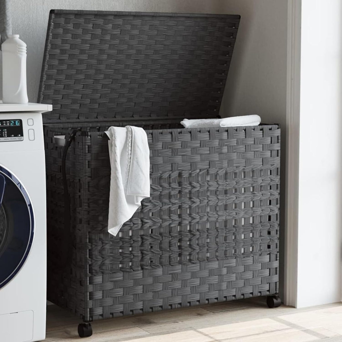 Gecheer Laundry Basket with Wheels, Grey, 66 x 35 x 60 cm, Rattan, Laundry Basket, Laundry Basket, Laundry Basket for Baby Clothing, Bed Linen, Shoes 372046 - QUORE