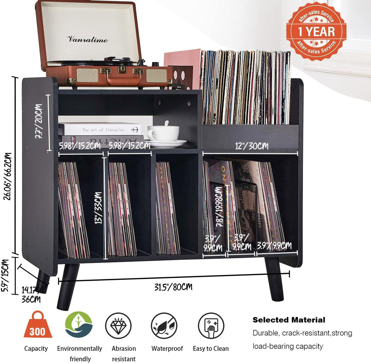 Mid-Century Record Player Stand with Vinyl Storage for Up to 350+ Albums, Vinyl Record Cabinet with Adjustable Shelves, (Black)