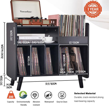 Mid-Century Record Player Stand with Vinyl Storage for Up to 350+ Albums, Vinyl Record Cabinet with Adjustable Shelves, (Black)