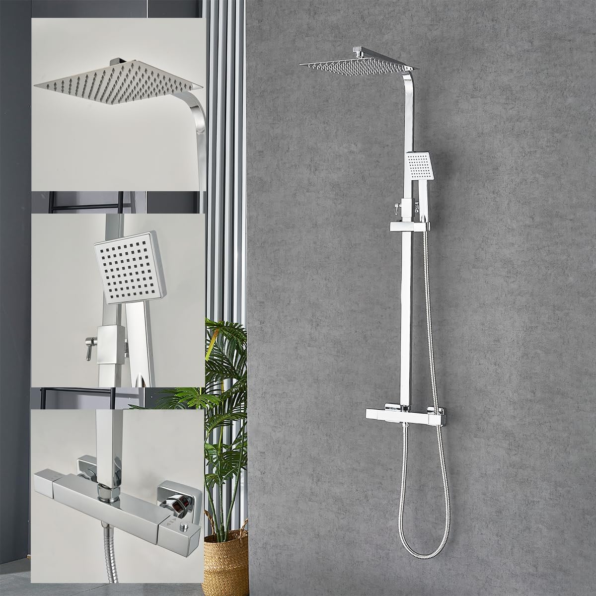Doucheset – Regendouche – Thermostaatkraan – Handdouche – Douchestang – Chroom – Vierkante Hoofddouche 25x25 cm – Roestvrijstalen Glijstang