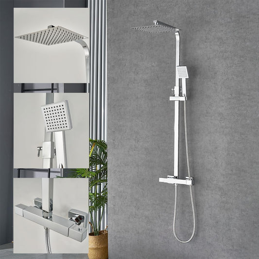 Doucheset – Regendouche – Thermostaatkraan – Handdouche – Douchestang – Chroom – Vierkante Hoofddouche 25x25 cm – Roestvrijstalen Glijstang