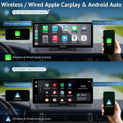 Carpuride W103 Pro met Draadloze Bluetooth Transmissie Draagbare Apple Carplay & Android Auto Autoradio, 10,3 inch 1080P Touchscreen, Mirror Link/GPS/Siri/FM/Google, Dashboard Gemonteerd
