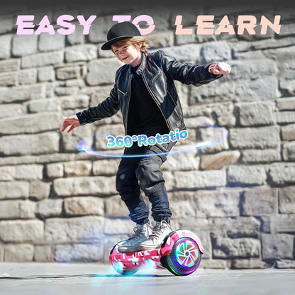 SISIGAD 6,5 inch hoverboard met Bluetooth-luidspreker, zelfbalancerende scooter, motor met gekleurde lampjes en LED-verlichting，Roze camouflage