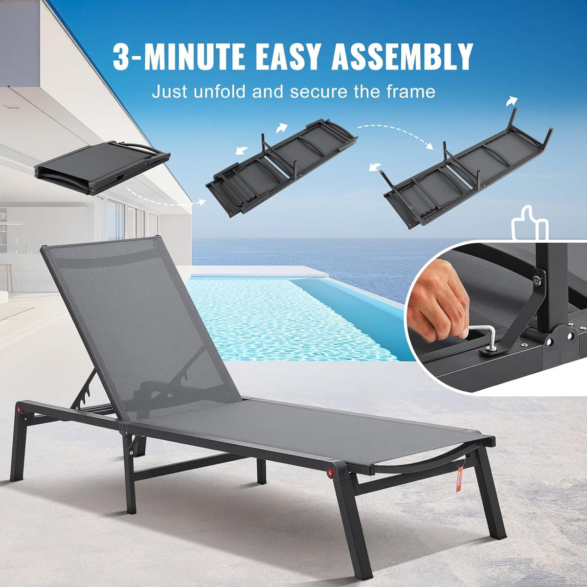 VEVOR Tuinligbed voor buiten, 2 stuks, inklapbaar, van aluminium, voor terras, met 5 verstelbare posities, volledig plat, voor strand, zwembad, outdoor, donkergrijs