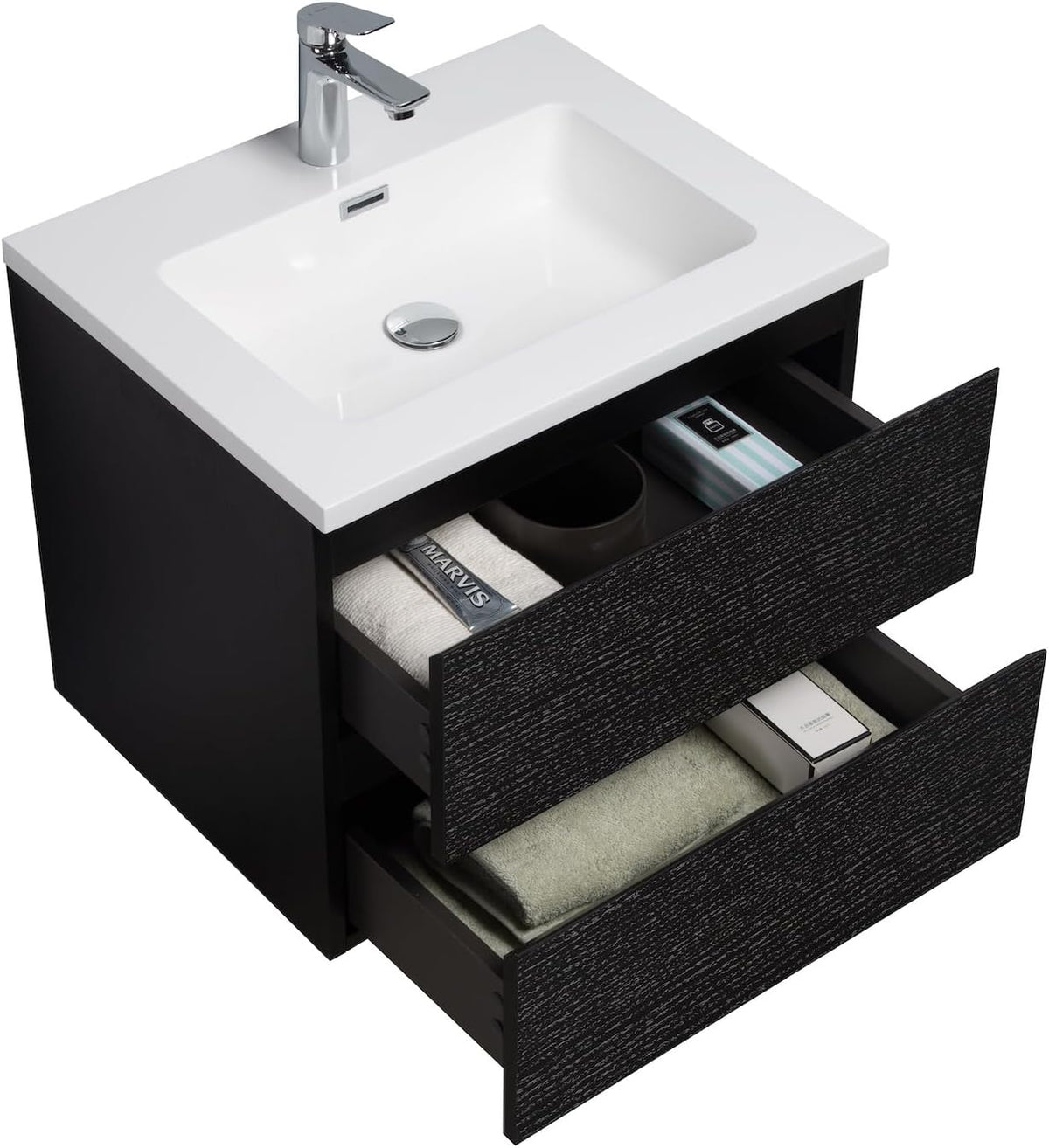 Badplaats Badkamermeubel Set Angela 60cm - Zwart Houtnerf - Badmeubel met Wastafel