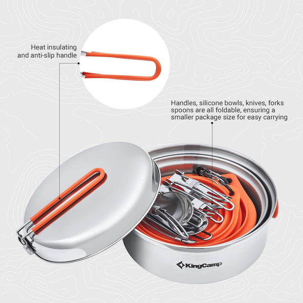 KingCamp Camping Kookgerei Set Servies Rvs Mess Kit Pot Pan Plate Bowl Lepel Vorkmes Karabijnhaken Reizen Kookgerei Outdoor Trekking Wandelen Picknick 25 Stuks voor 3 Personen