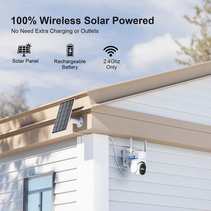 Beveiligingscamera's voor thuis draadloos buiten, draadloze wifi-buitencamera, 360-camera op zonne-energie, PTZ, PIR-sensor, 2K HD-kleurennachtzicht, 2-weg-spraak, IP66 waterdicht, 2-pack