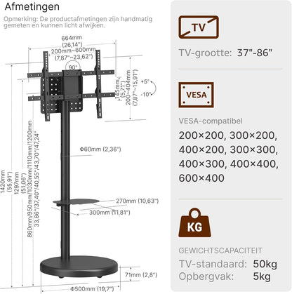 In hoogte verstelbare oprolbare tv-standaard voor 37-86 inch televisie, 50 kg draagvermogen, staand en liggend formaat, stabiele mobiele tv-wagen met plank, max. VESA 600x400mm (zwart)
