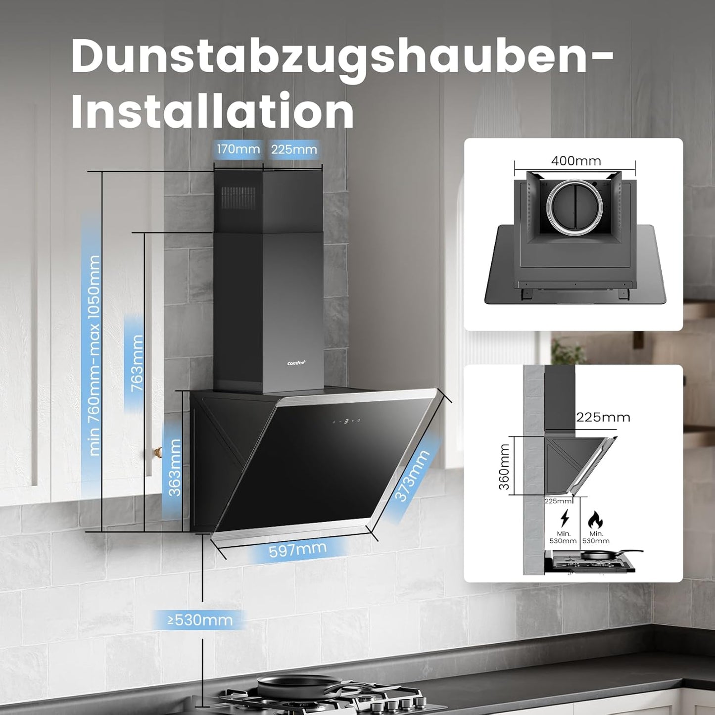Afzuigkap 60 cm – Wandafzuigkap – Schouwkap – Dampkap – Keukenafzuigkap – Zwart Glas En RVS – 380 m³/u Luchtstroom – A++ BLDC-Motor