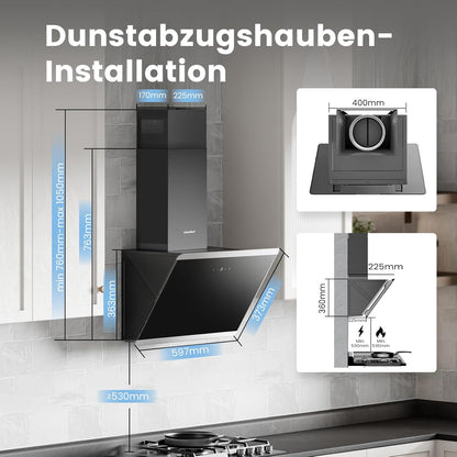 Afzuigkap 60 cm – Wandafzuigkap – Schouwkap – Dampkap – Keukenafzuigkap – Zwart Glas En RVS – 380 m³/u Luchtstroom – A++ BLDC-Motor