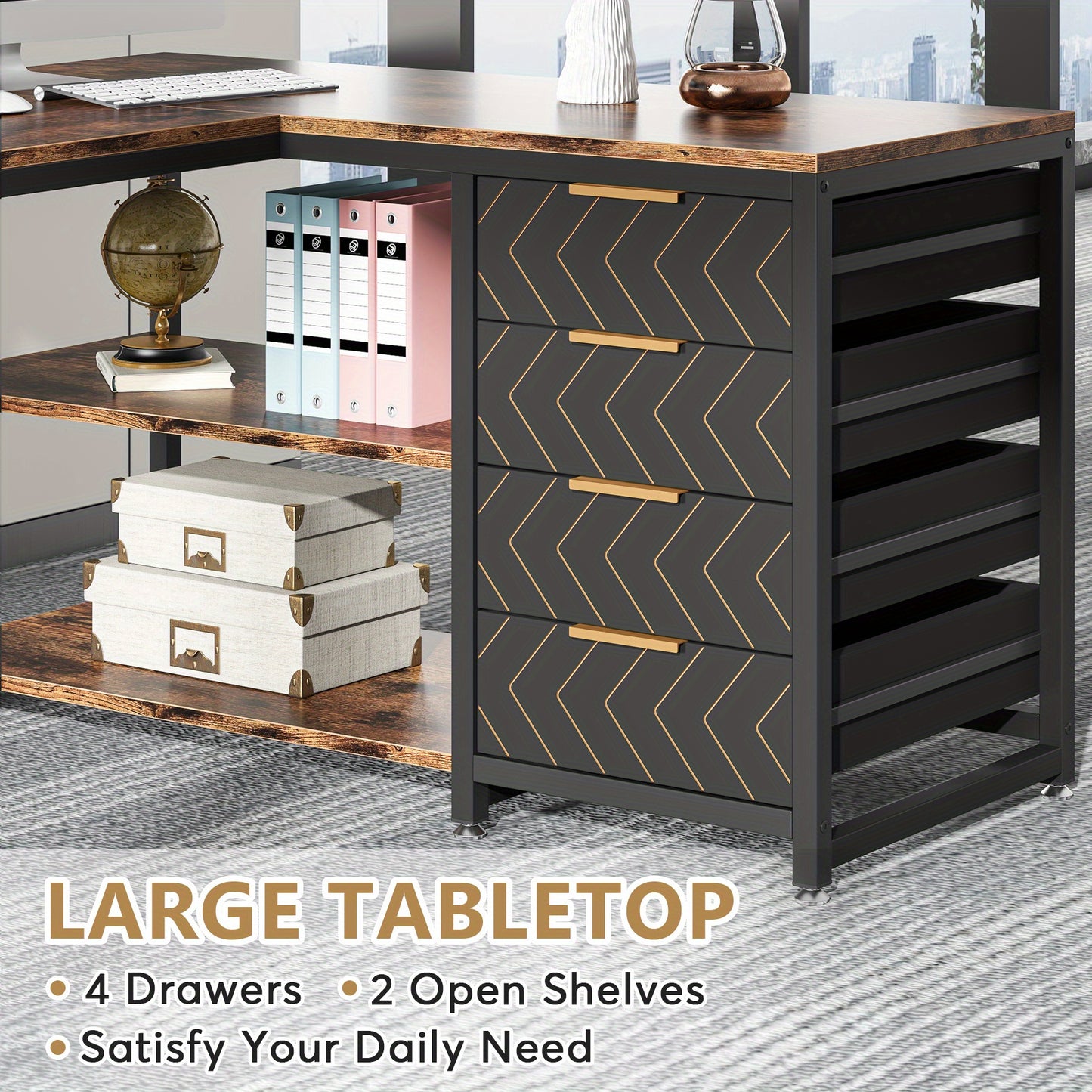 L-vormig Bureau – Hoekbureau – Computertafel – Werkplek – Bureau Met Laden – Bruin – Reversibel Ontwerp – Met Opbergruimte