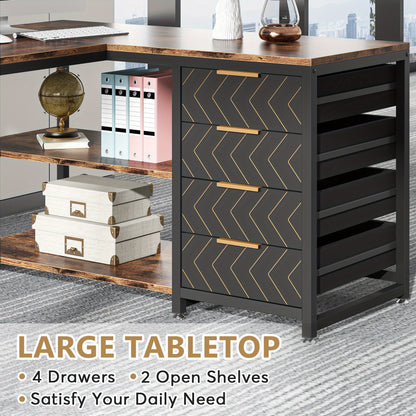 L-vormig Bureau – Hoekbureau – Computertafel – Werkplek – Bureau Met Laden – Bruin – Reversibel Ontwerp – Met Opbergruimte