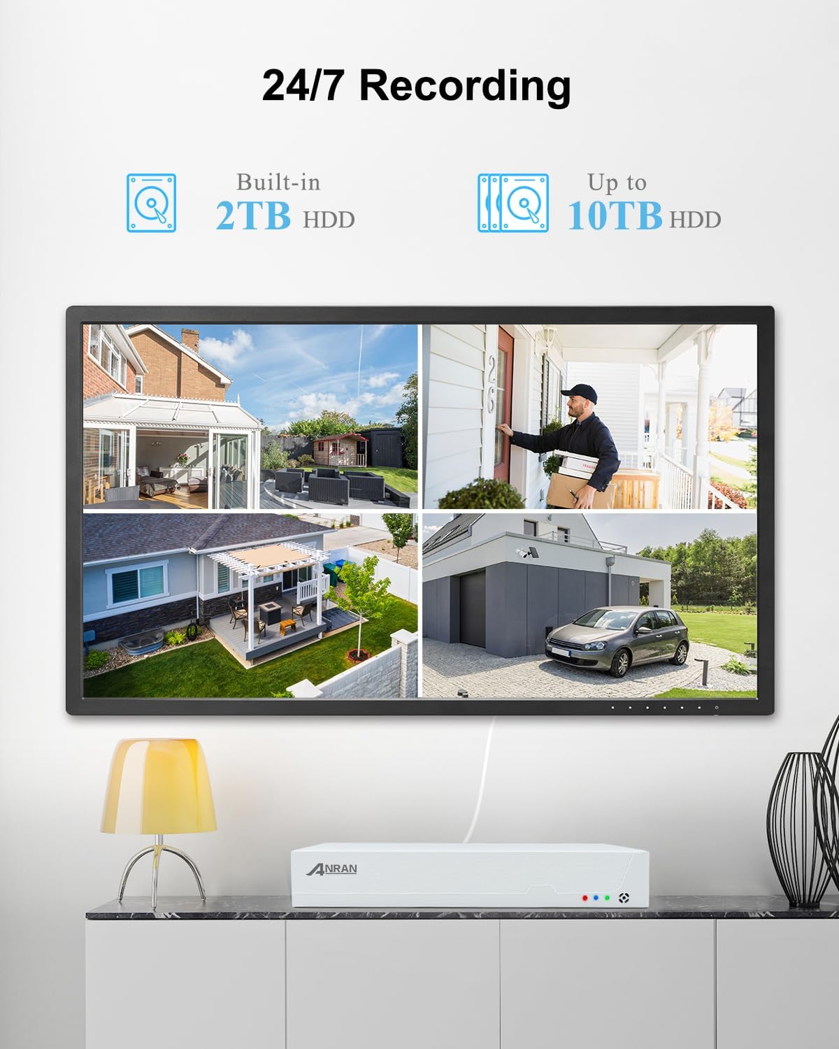 ANRAN 4K Bewakingscamera POE-set, Camera Beveiliging, Bewakingscamera Binnen, 4 x 8 MP camera's, 30 m HD-nachtzicht en bewegingsdetectie, 24/7 opname met 2 TB harde schijf