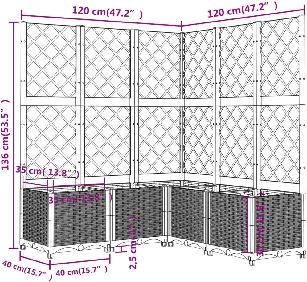 vidaXL Planter with trellis 120x120x136 cm polypropylene black, plant container, flower box, flower bed, flower bed, planter with trellis - QUORE