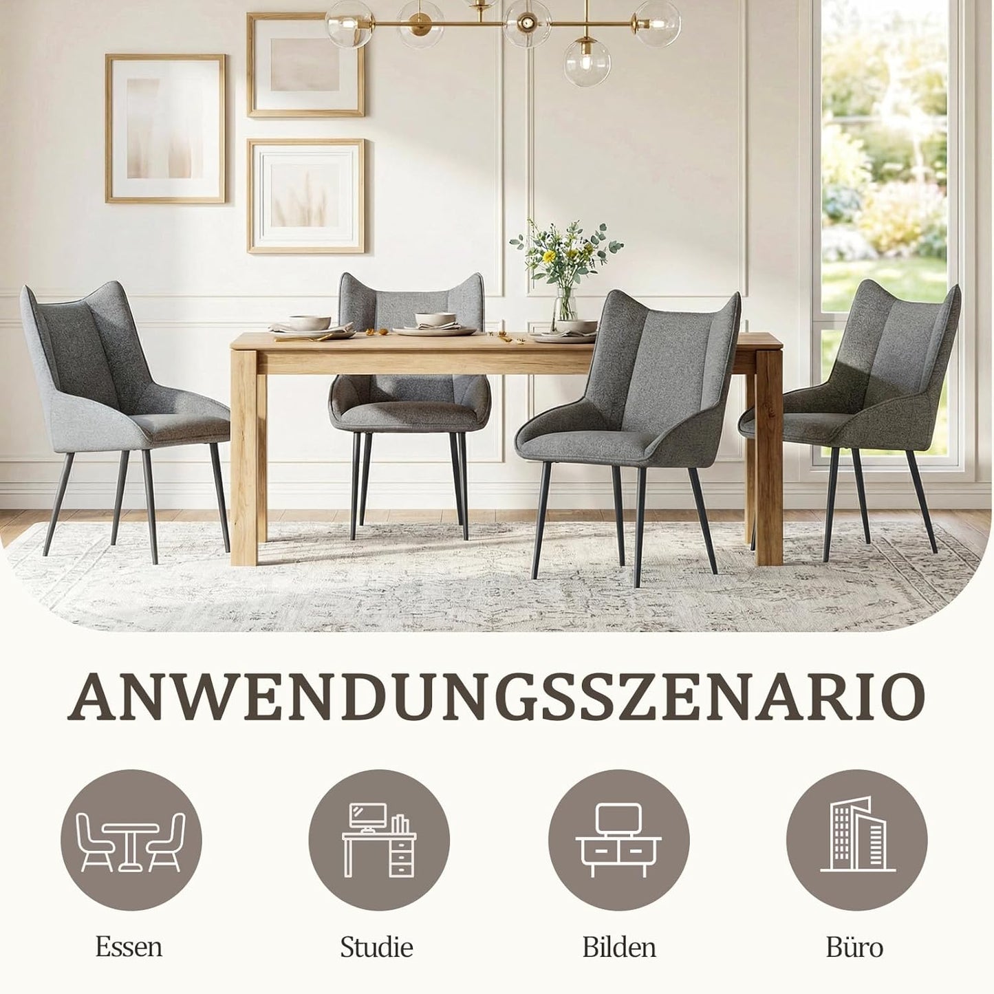 Lichtgrijze eetkamerstoel zonder armleuningen, moderne stoel van linnen-polyester-mix met verstelbare poten, ergonomisch zitcomfort voor woonkamer, kantoor of slaapkamer, 1-delige set
